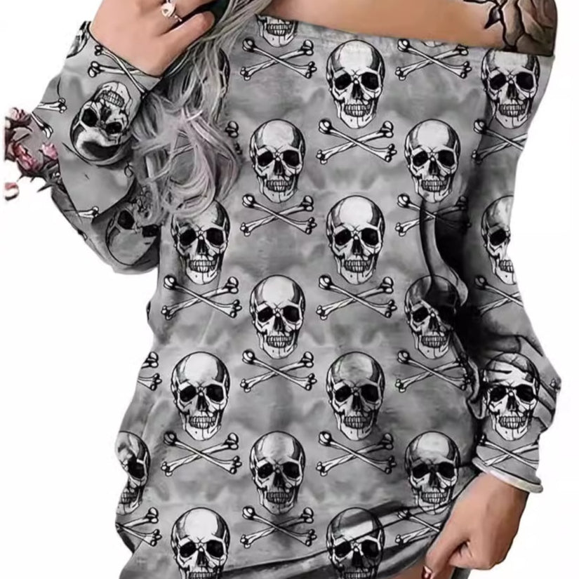 Womens Off-shoulder Long-sleeve Loose-fitting Dress
