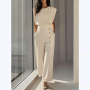 Elegant High-Waisted Button-Detail Straight-Leg Pants