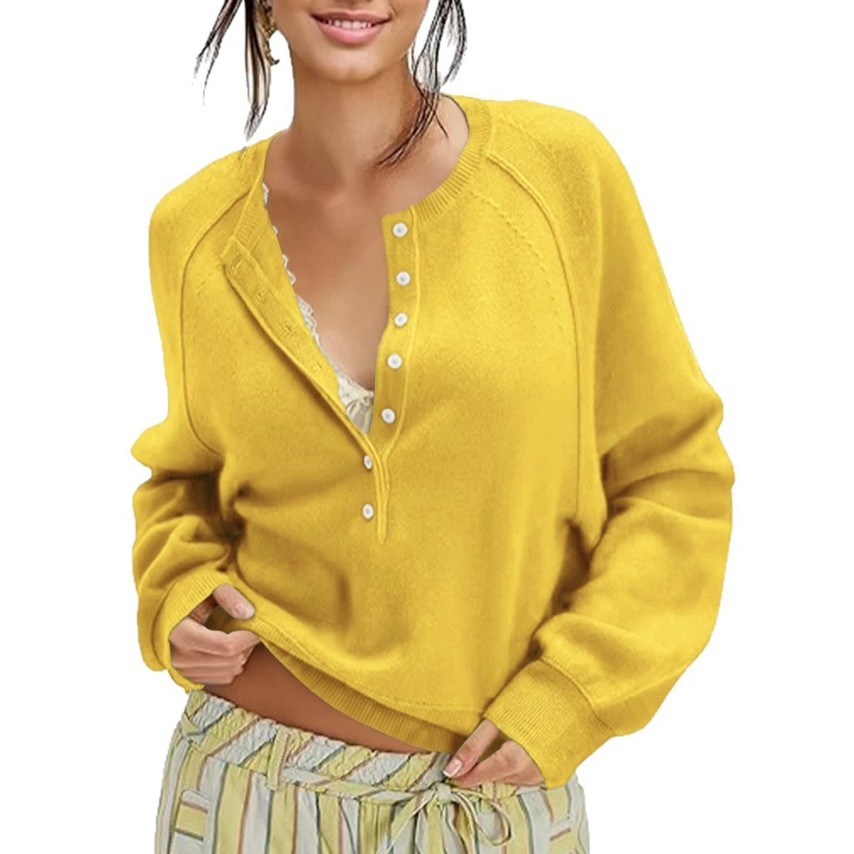 Womens Button-front Half-placket Sweater Top