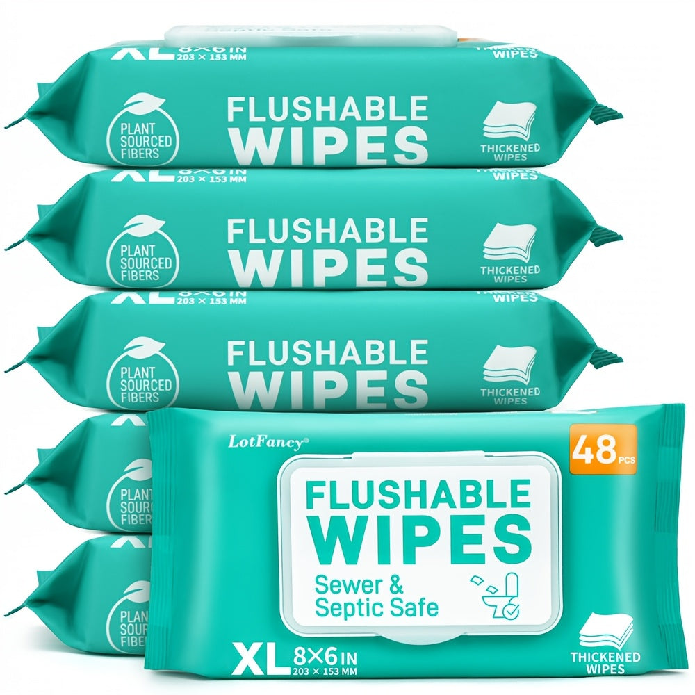 Extra Large Flushable Wet Wipes, Plant-Based and Septic Safe, 3 or 6 Packs of 48 Count