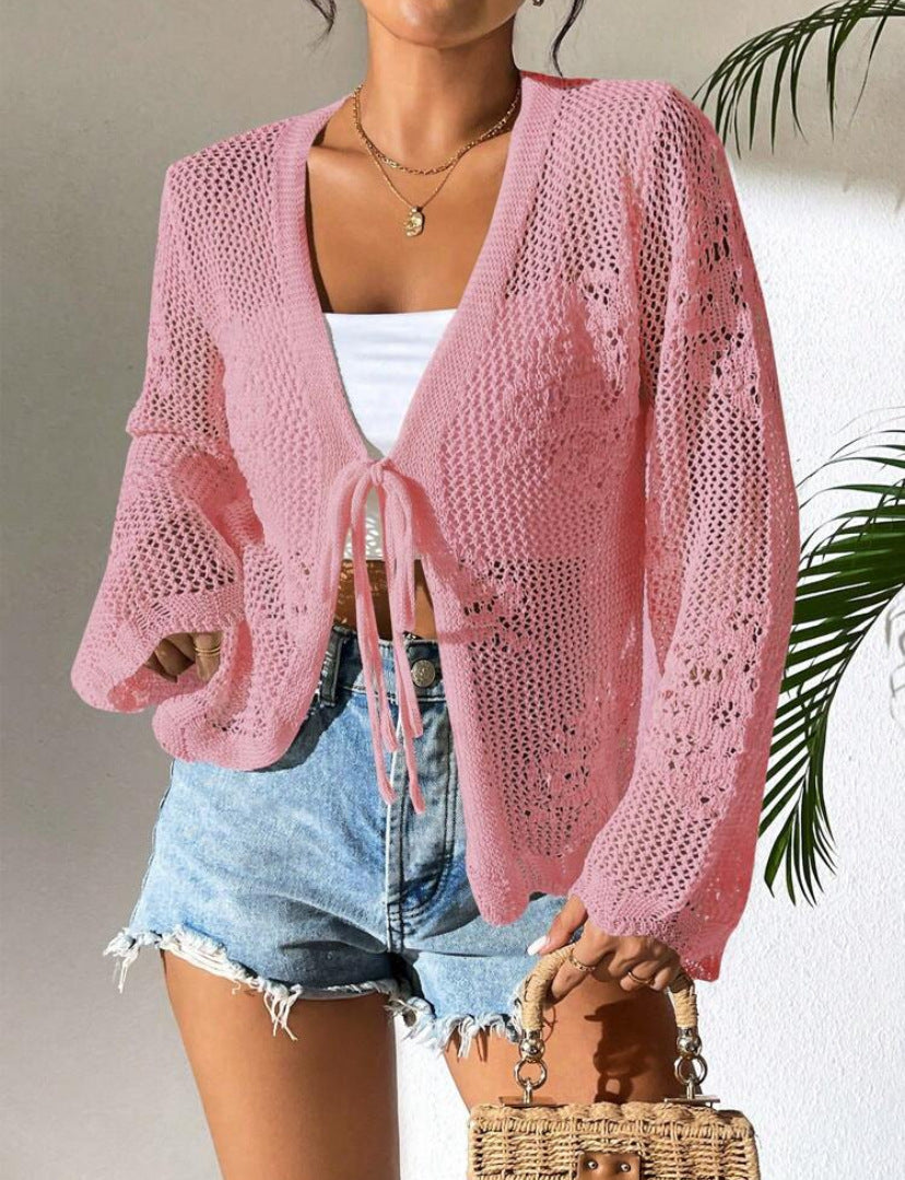 Hollowed-out Lace-up Knitted Cardigan Top Womens Sweater