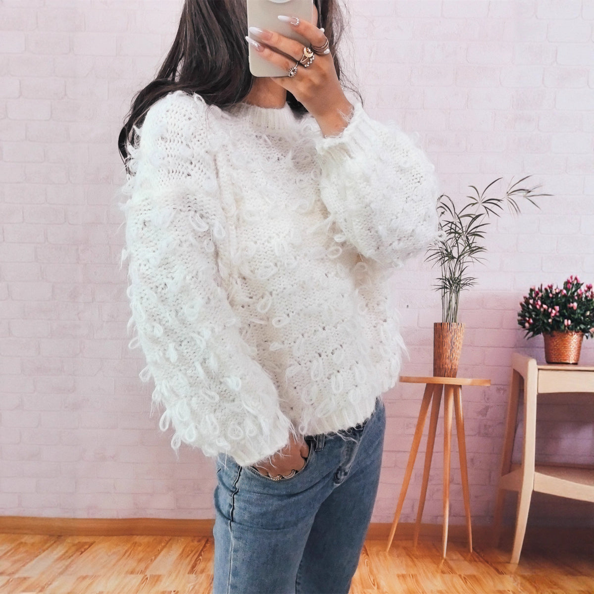 Casual Thickening Knitted Solid Color Round Neck Loose Sweater for Women