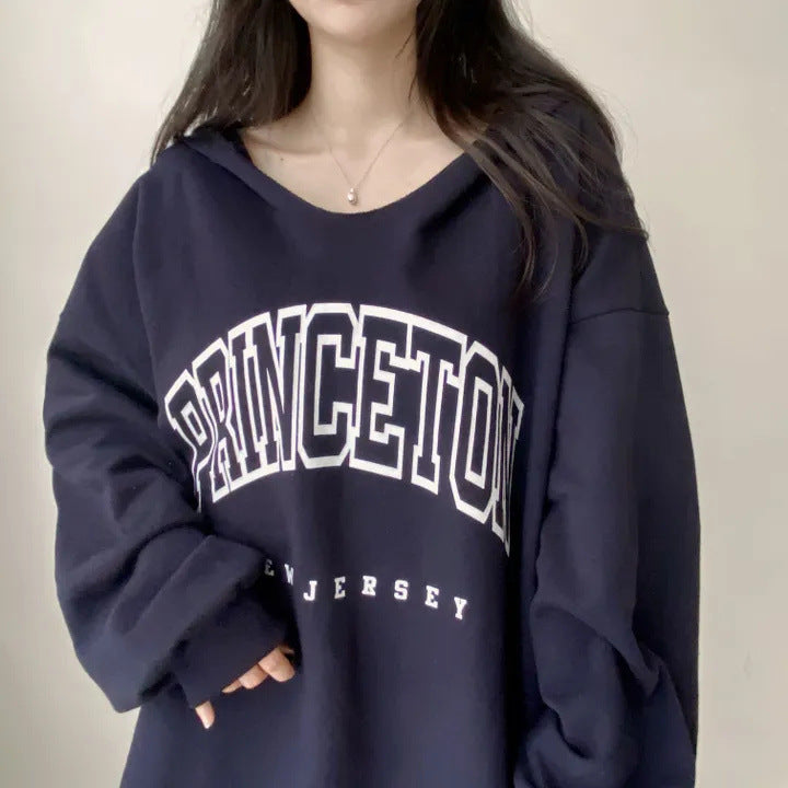 Korean Style Letter Print Loose Hooded Casual Sweater