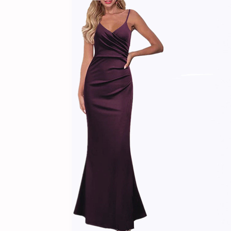 Elegant Solid Color Slim-Fit Suspender Long Swing Dress