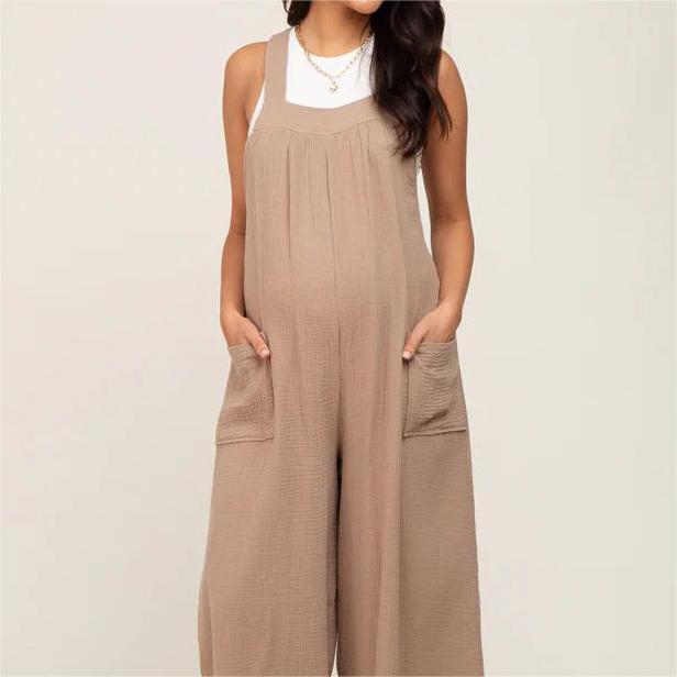 Chic Beige Wide-Leg Lace-Up Maternity Overalls