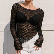 Elegant Lace Knit Sweater with Slanted Hem – Hollow‑Out Neckline