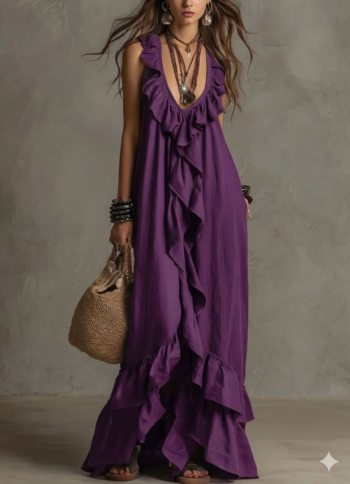 Bohemian V-Neck Ruffled Retro Dress