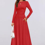 Womens Solid-color Crew-neck Pleated Long-sleeve Knit Dress with Pockets