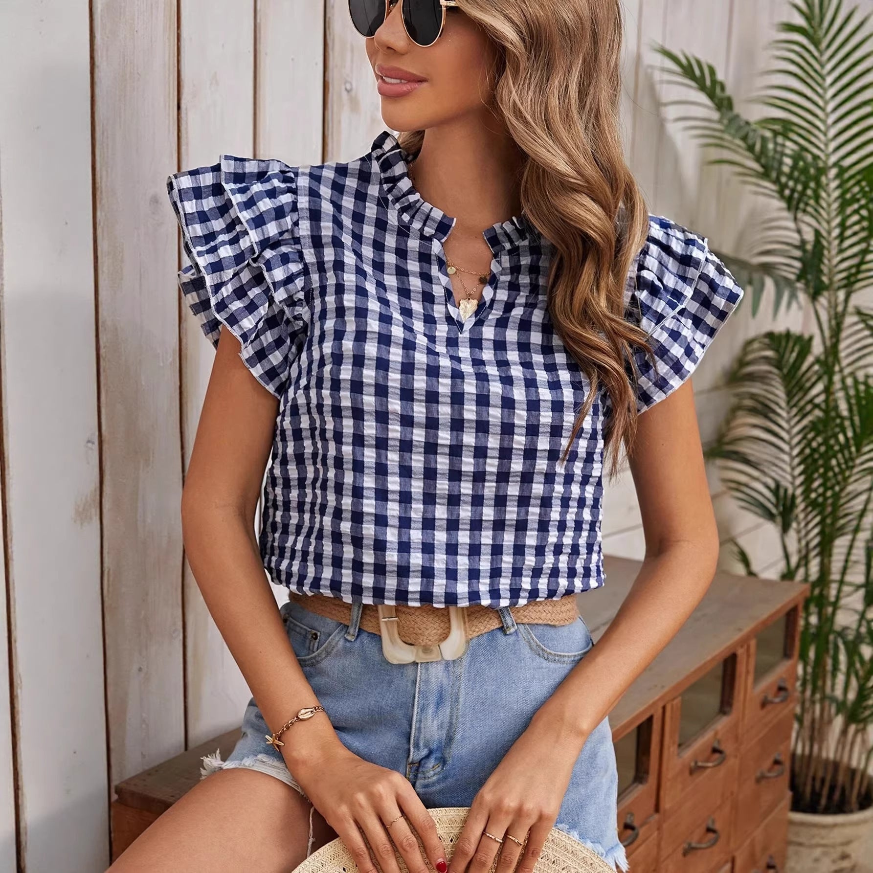 Ruffled Double‑Layer Plaid Tee – Fresh, Relaxed Fit