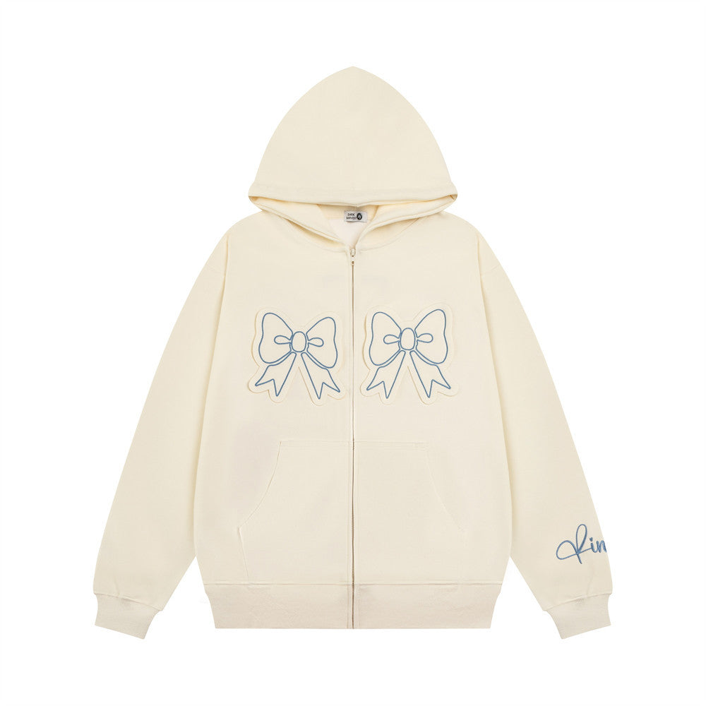 Chic Bow Embroidery Hooded Cardigan Sweater