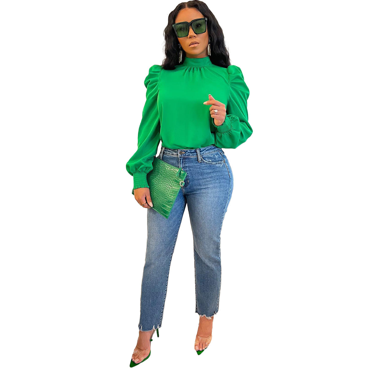 Stand Collar Puff Sleeve Back Lace-up Top