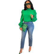 Stand Collar Puff Sleeve Back Lace-up Top