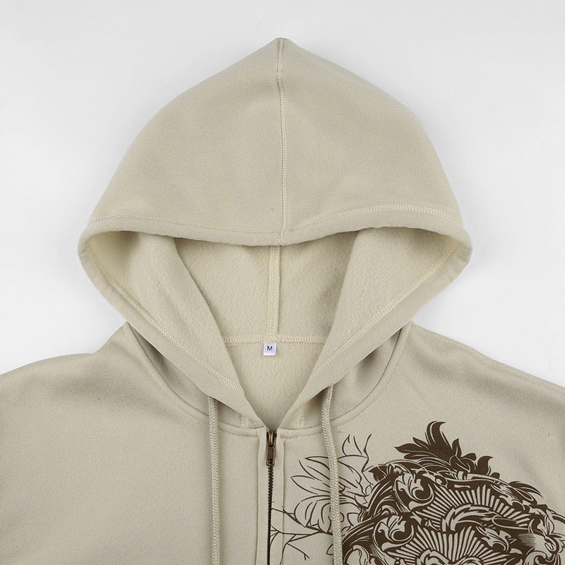 Retro Print Loose Hooded Cardigan Coat
