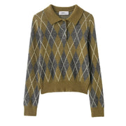 Women's Notched Lapel Long-sleeve Buttoned Diamond-patterned Knitted Sweater