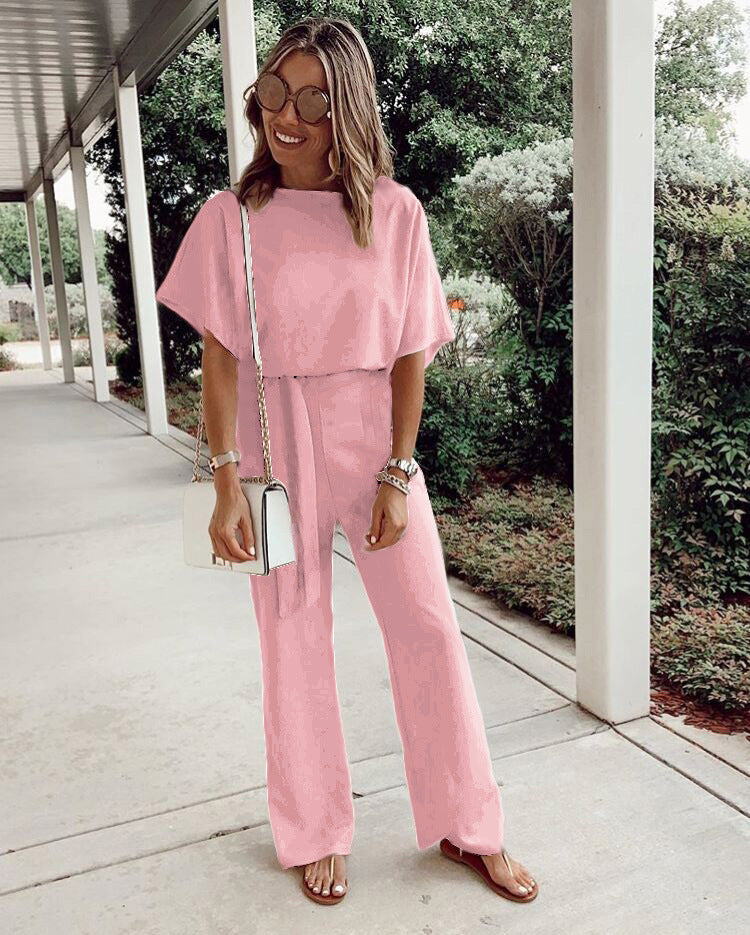 Women's Loose Casual Lace Up Jumpsuit Short Sleeve