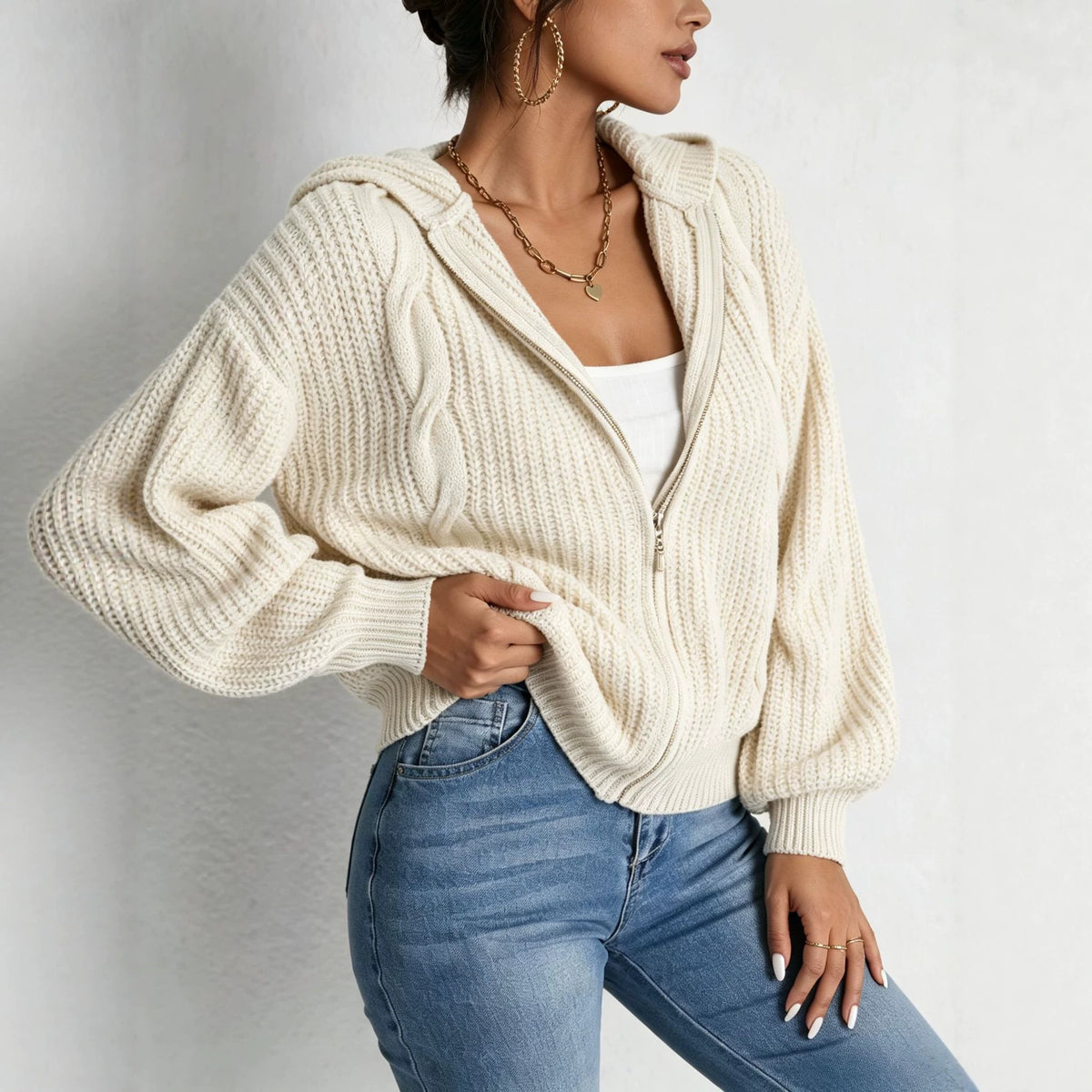 Autumn Womens Fallwinter Hooded Sweater Cardigan Solid-color Knitted Outerwear Top