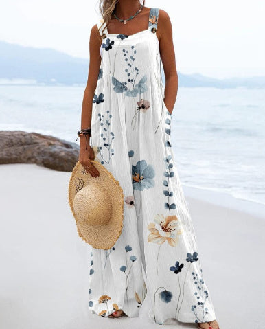 Chic Digital Print Button Romper with Wide Legs