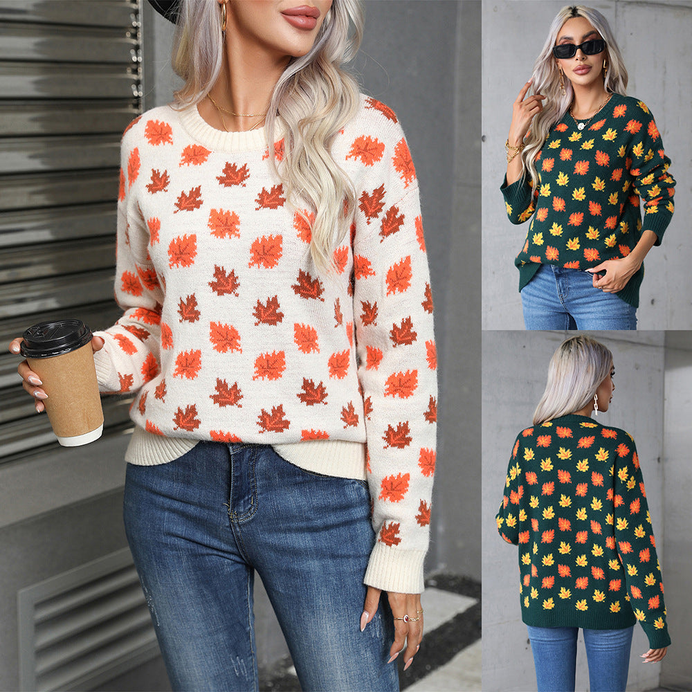 Maple Leaf Christmas Round Neck Hot Sweater