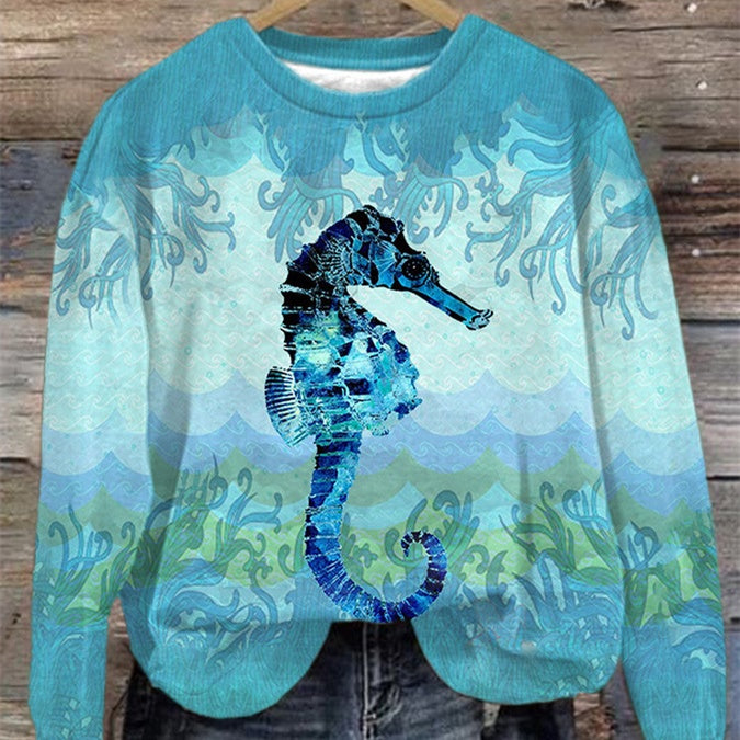 Trendy Digital Print Drop-Shoulder Long-Sleeve Sweater