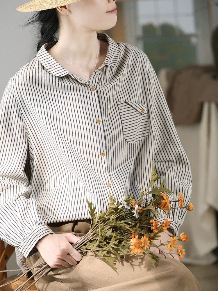 Retro Cotton Linen Long Sleeve Blouse Striped Brushed Original Art