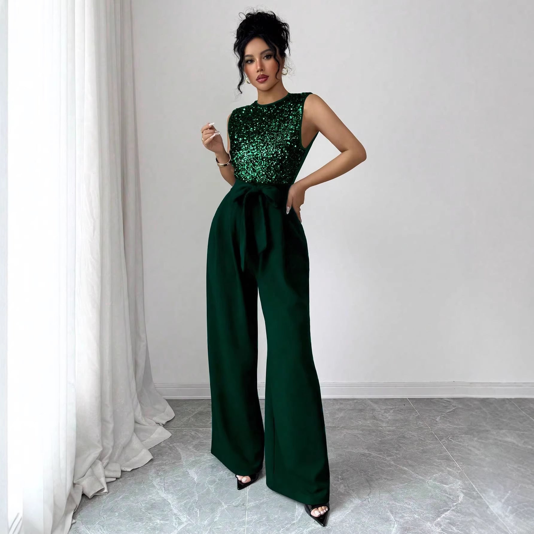 Elegant Sequin V-Neck Wide-Leg Jumpsuit