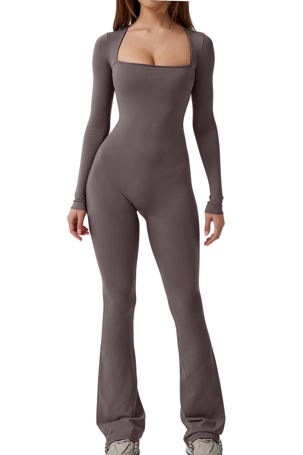 Women's Long Sleeve Square Collar Solid Jumpsuit
