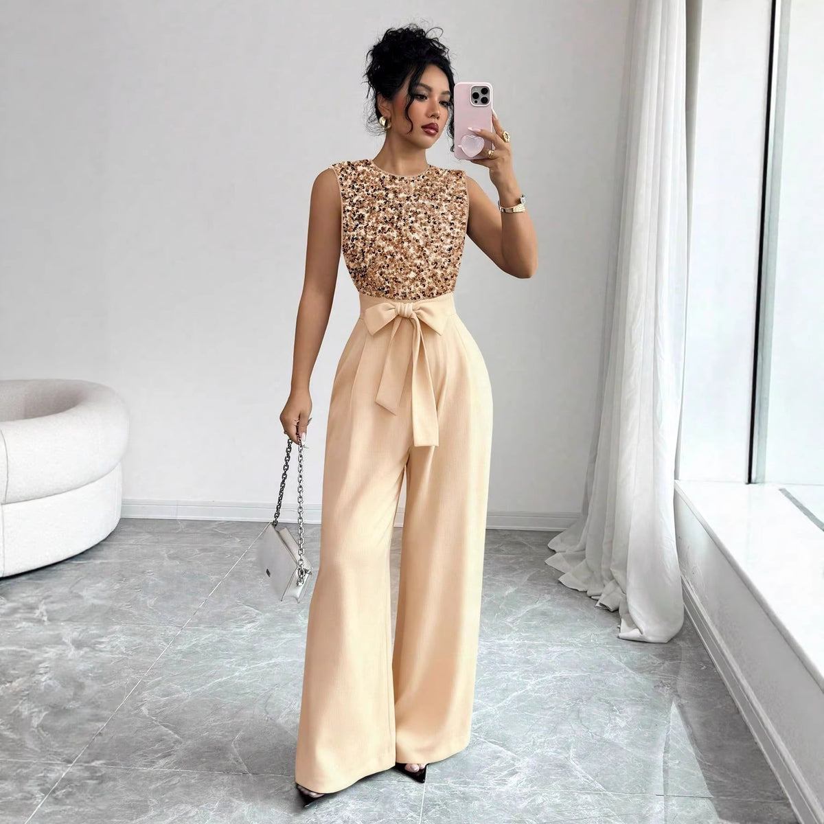Elegant Sequin V-Neck Wide-Leg Jumpsuit