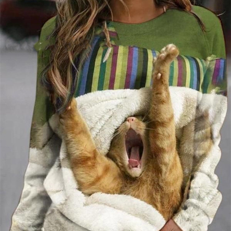 Women's Cute Cat Print Long Sleeve Round Neck Jumper