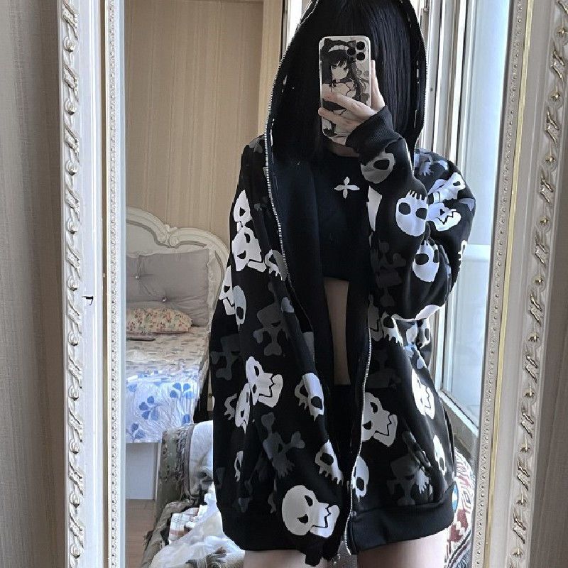 Oversize Skull Zip Hoodie | Edgy Dark Wind Cardigan