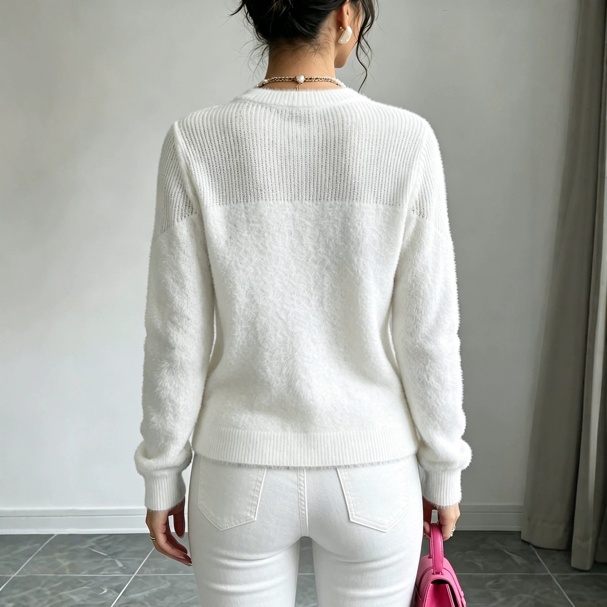 Womens Long-sleeve Knitted Sweater with a Round Neckline and a Full-circle Cutout Design Around the Chest