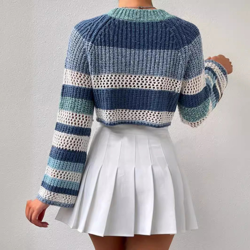 Contrast Color Striped Hollow Short Fashion Sweater