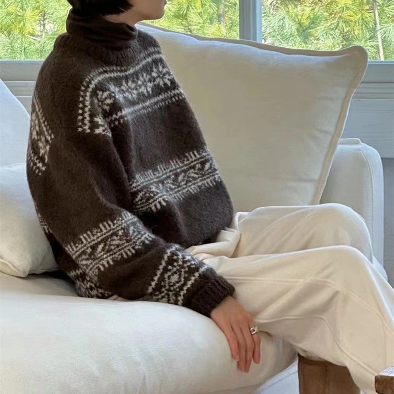 Loose and Thick Christmas Style Knitted Top Retro Round-neck Sweater
