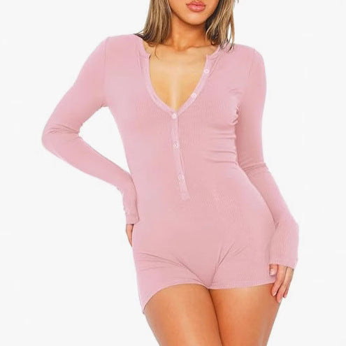 Women's Long-Sleeve Casual Skinny Jumpsuit Shorts