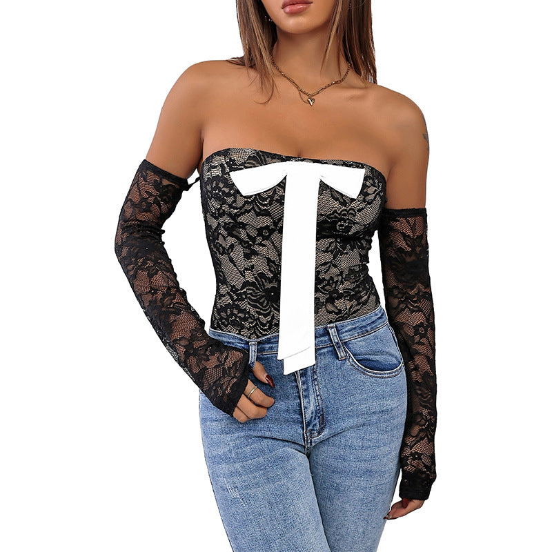 Off-shoulder Bow Lace Stitching Contrast Color Jumpsuit