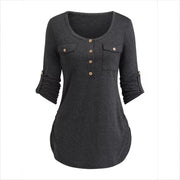 Solid Color Round Neck Long Sleeve Button Casual Beautiful Shirt Cute