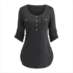 Solid Color Round Neck Long Sleeve Button Casual Beautiful Shirt Cute