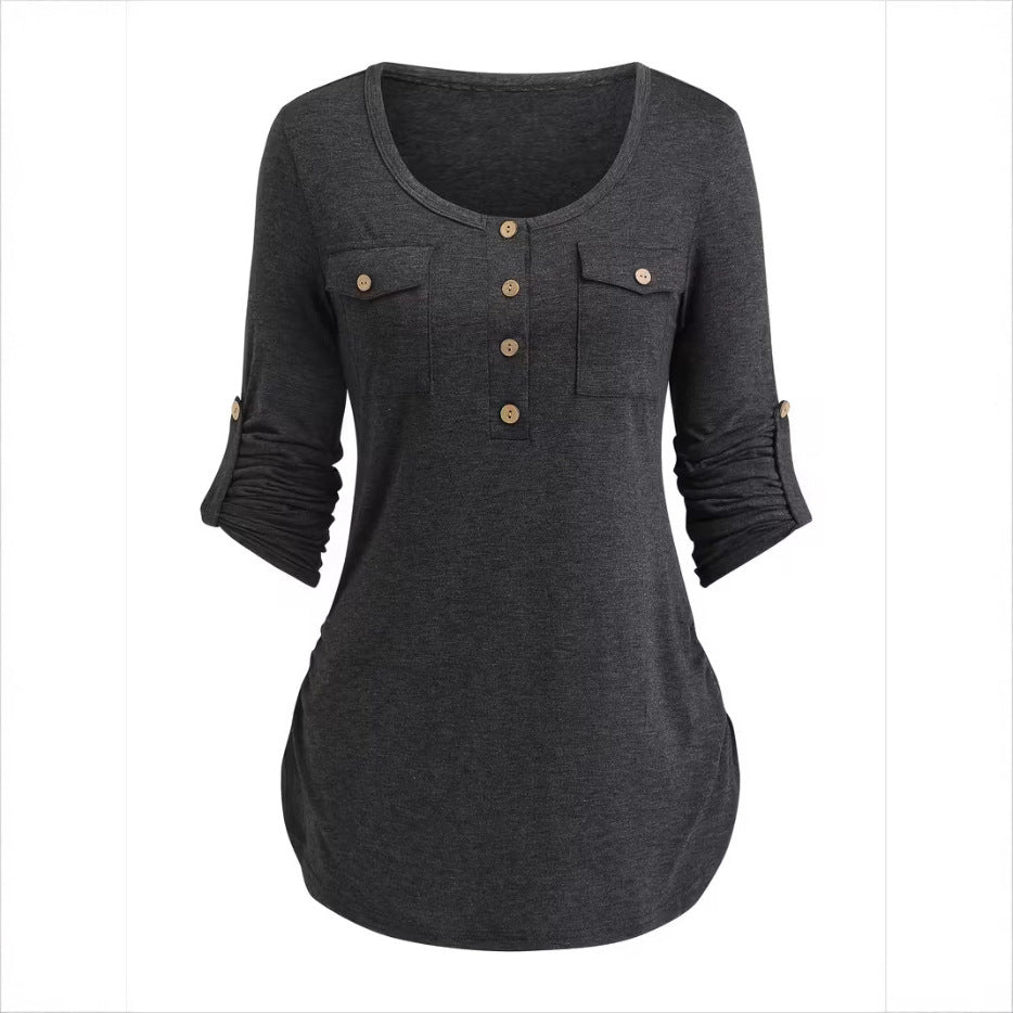 Solid Color Round Neck Long Sleeve Button Casual Beautiful Shirt Cute