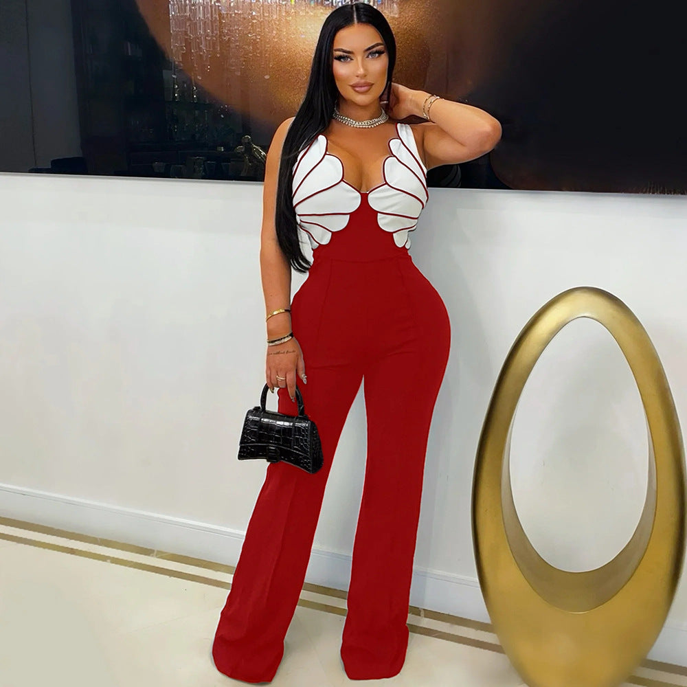 Elegant V-Neck Slim-Fit Rhinestone Jumpsuit