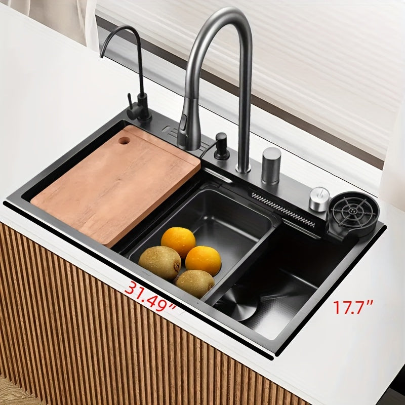 Stainless Steel Smart Waterfall Kitchen Sink with Pull-Down Faucet
