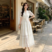 Womens French-style Intricately Crafted Lace Hollow-out V-neck Dress