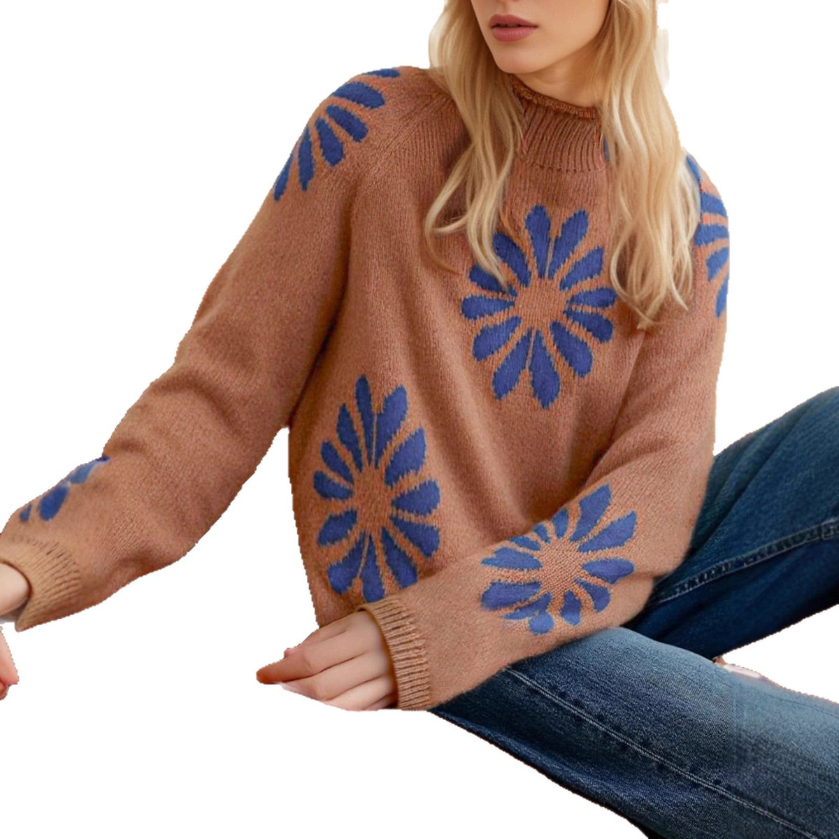 Round Neck Flower Color Collision Design Casual Knitted Sweater