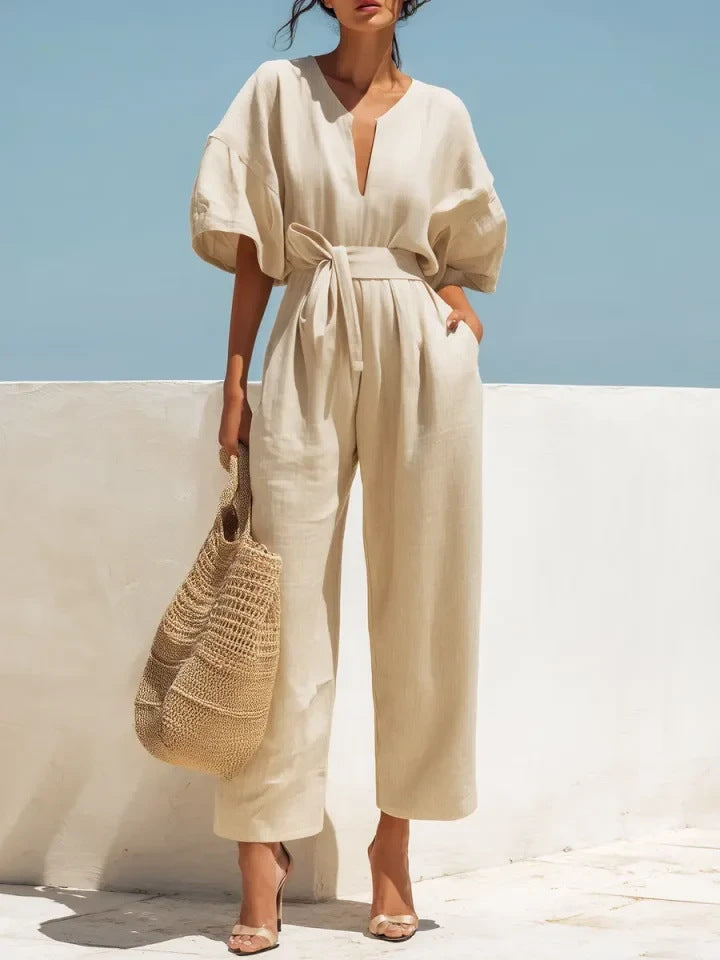 Women's Cotton Linen V-Neck Wide-Leg Jumpsuit