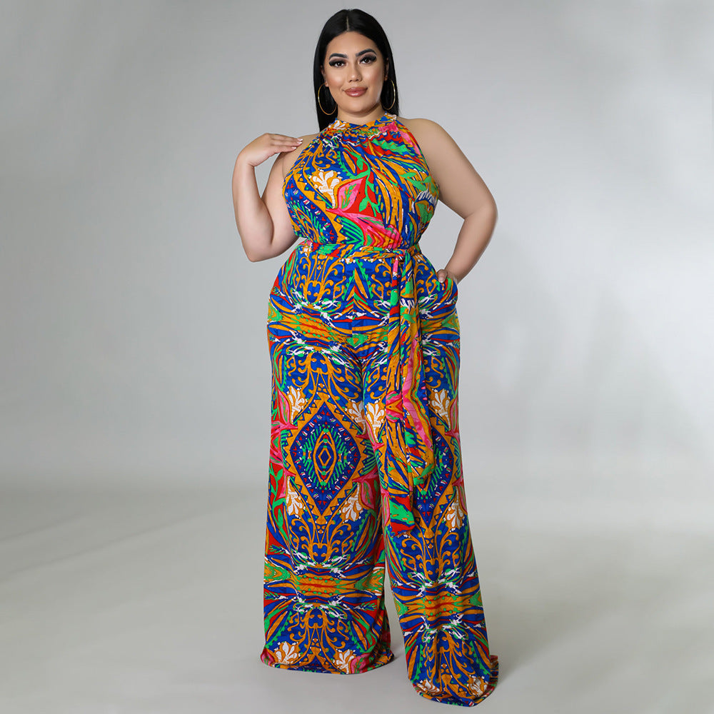 Plus Size Halterneck Printed Jumpsuit with Belt