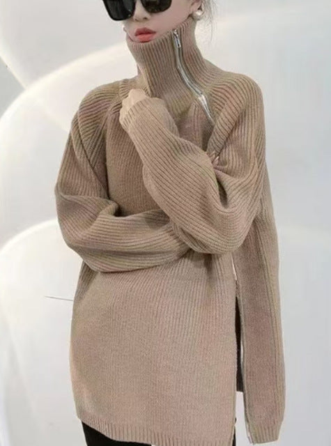 Loose, Mid-length Effortless-style Knitted Sweater for Women with Side Zipper and Lapel Design