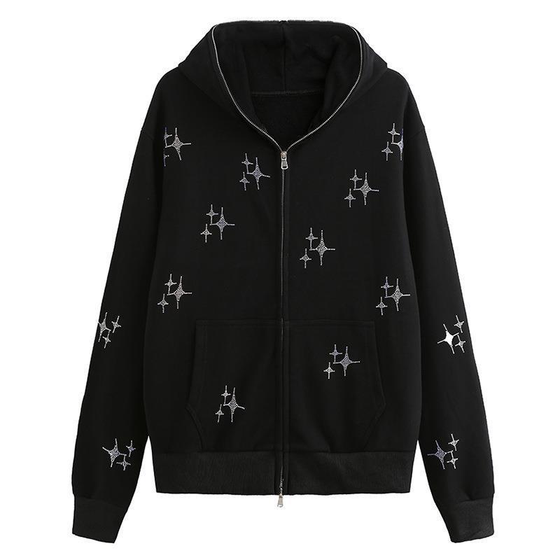 Rhinestone Zip-Up Hooded Sweater