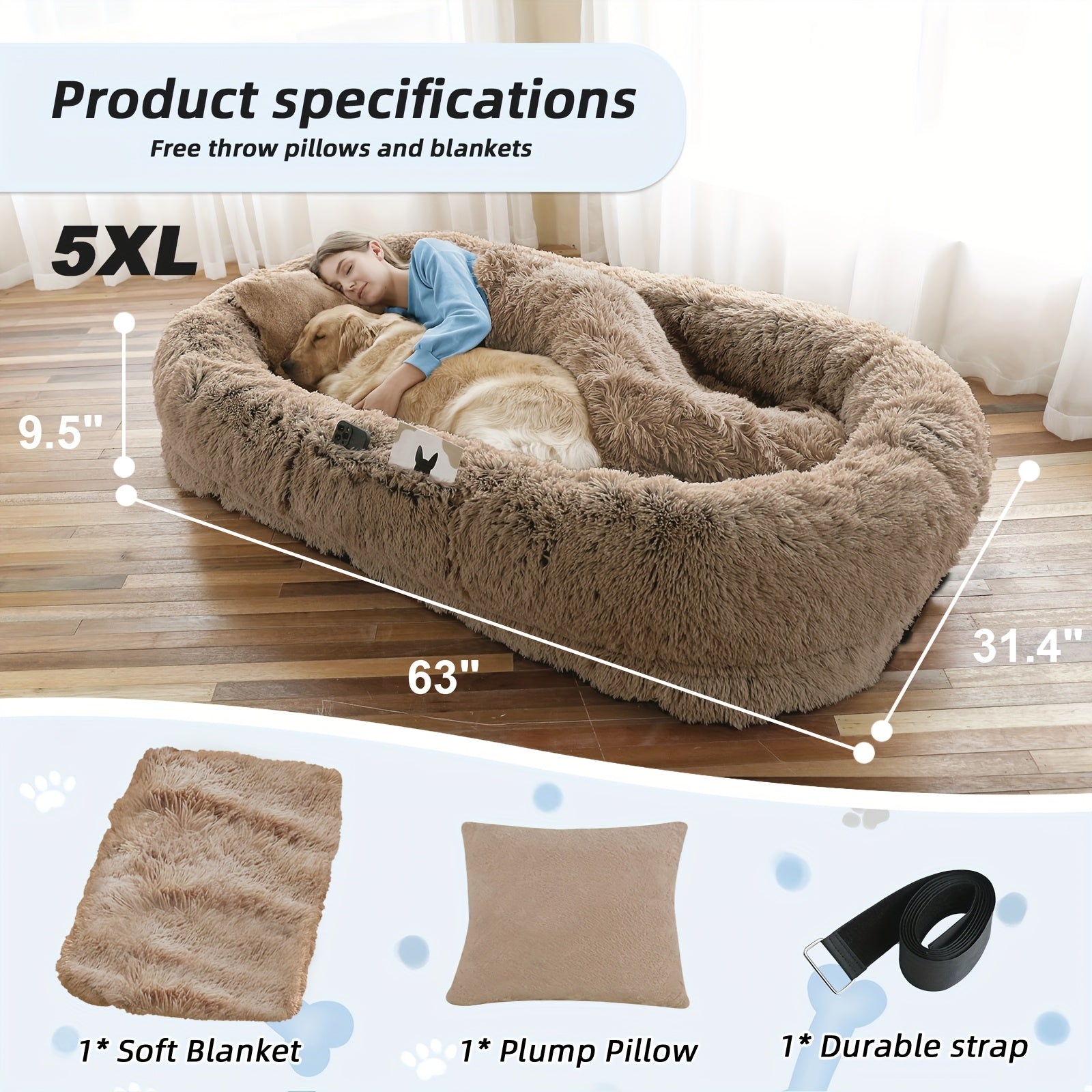 Human Dog Bed For You And Your Pets, Washable Faux Fur Orthopedic Napping Bed With Plump Pillow, Blanket, And Strap - Grey