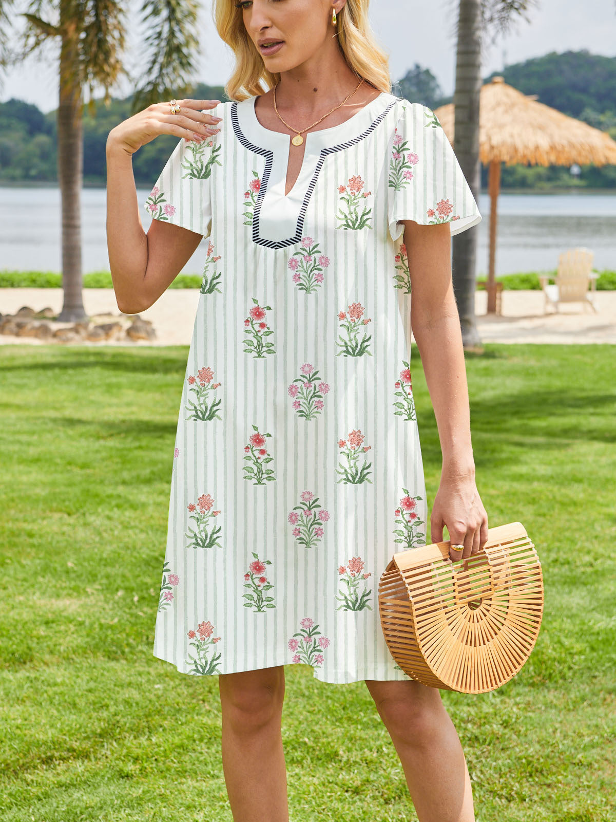 Fashionable Fresh-style Floral Puff-sleeve Dress