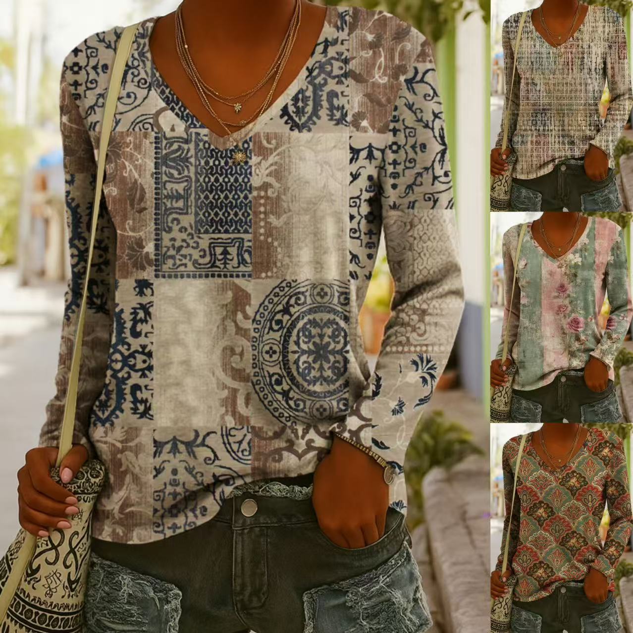 V-Neck Ethnic Print Long-Sleeve Tee – Trendy, Comfortable & Flattering
