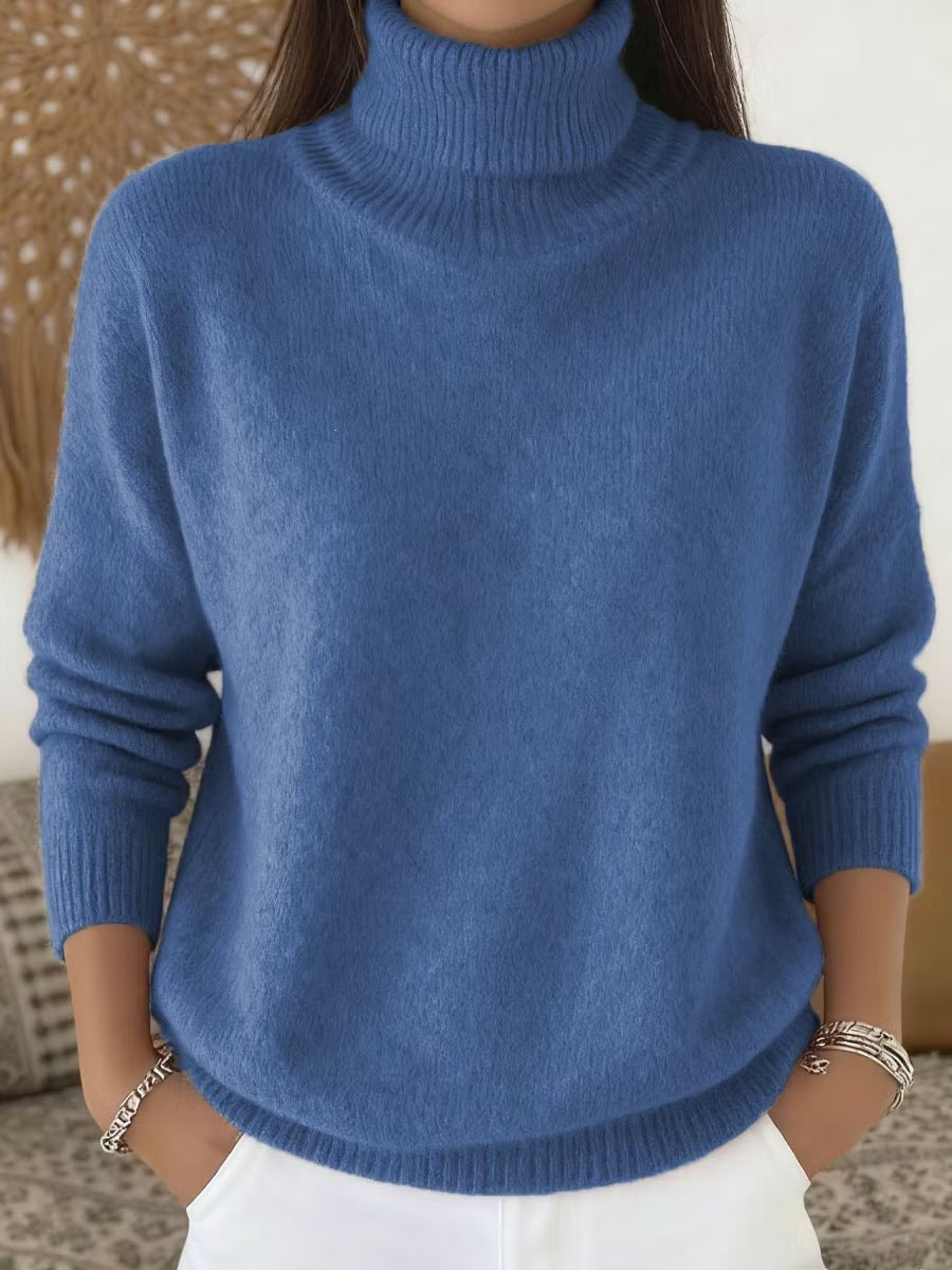Womens Loose-fitting Solid-color Turtleneck Pullover Knit Sweater