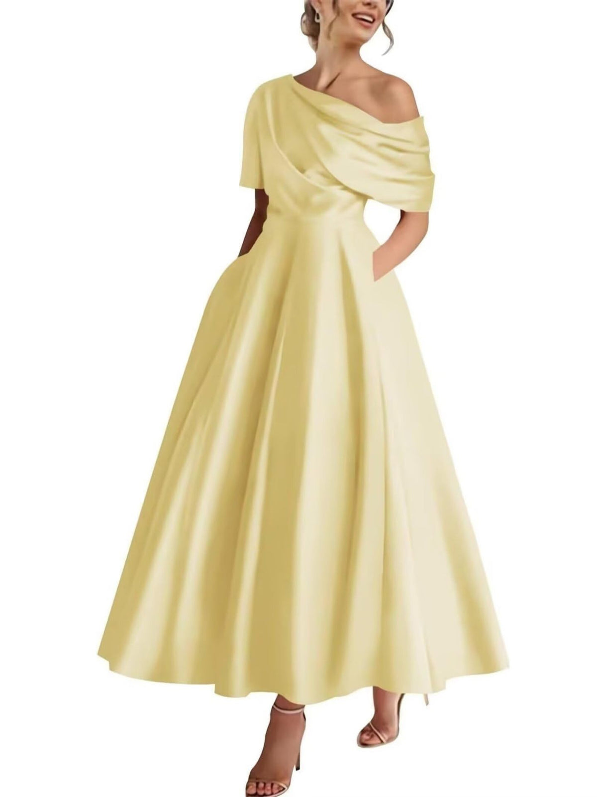 Satin Off-the-Shoulder Draped Party Dress